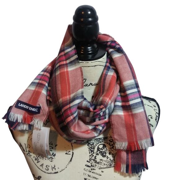 Lands' End Women's Coral Pink Plaid Scarf Soft Fringe - Picture 1 of 8